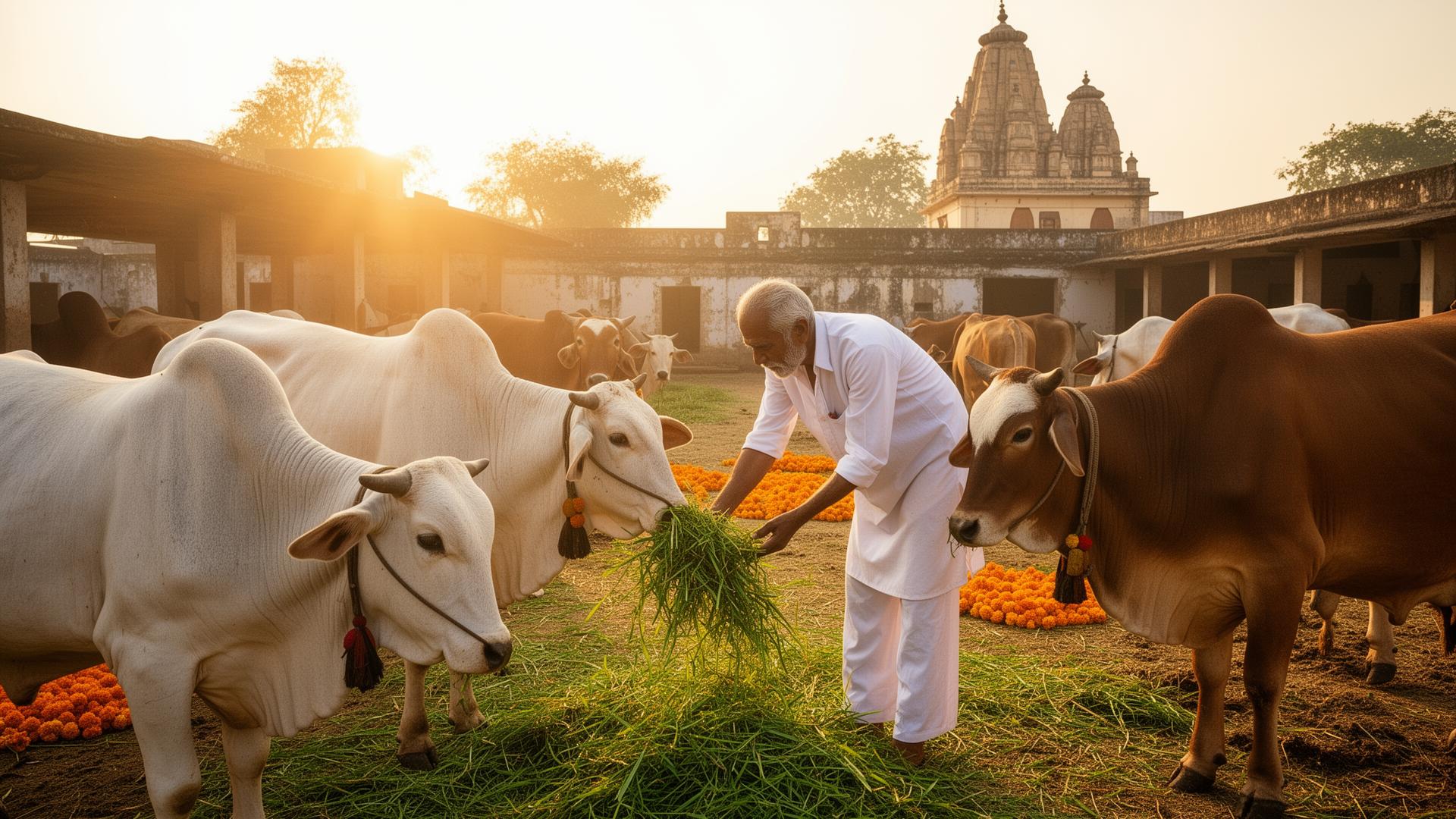 गौशाला में गौ माता को चारा देते हुए